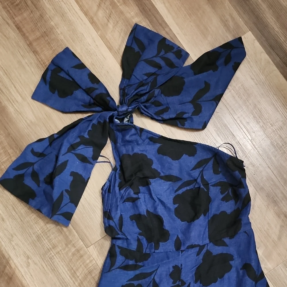 Kate Spade x Target Blue Black Floral Linen Blend One Shoulder Jumpsuit Palazzo